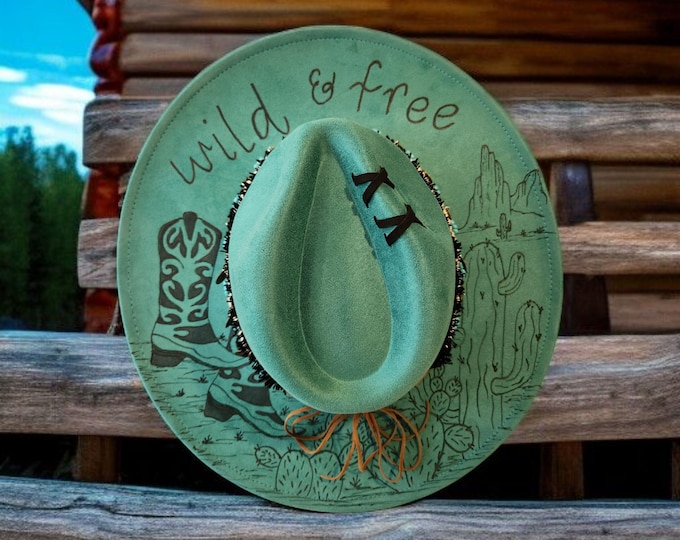 Hand Burned - Vegan Suede - Panama - Fedora - Western Hat in a pretty turquoise green color  -  with wide brim