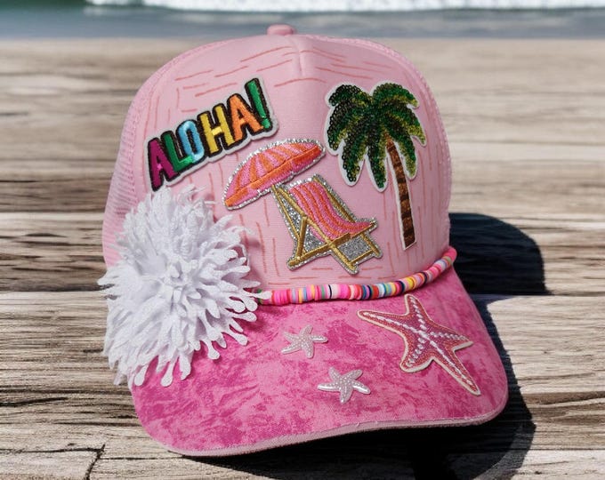 Fun - embellished - handcrafted- Beach themed - baseball cap