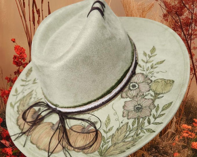 Hand Burned to the brim - Vegan Suede - Panama - Fedora - Rancher Hat - sage green with pumpkins