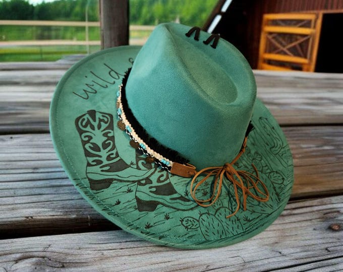 Hand Burned - Vegan Suede - Panama - Fedora - Western Hat in a pretty turquoise green color  -  with wide brim