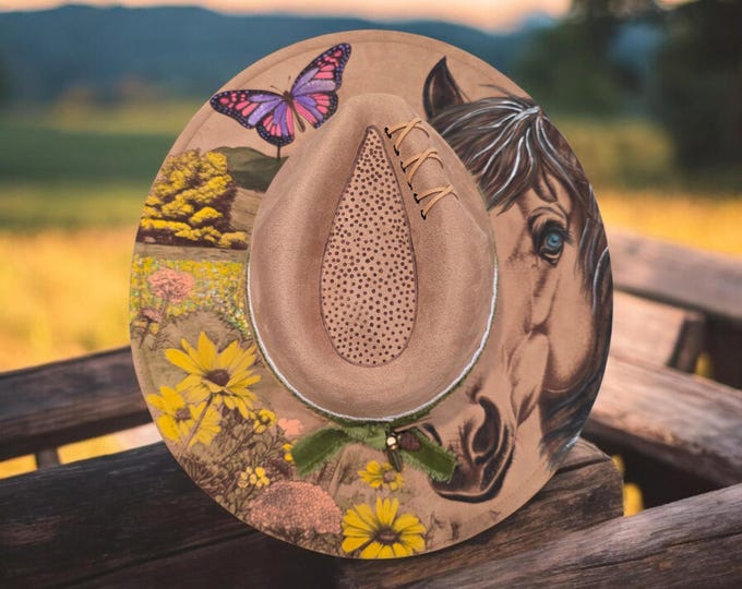 Hand Burned - Vegan Suede - Rancher - Cowboy hat - pretty Light Brown color
