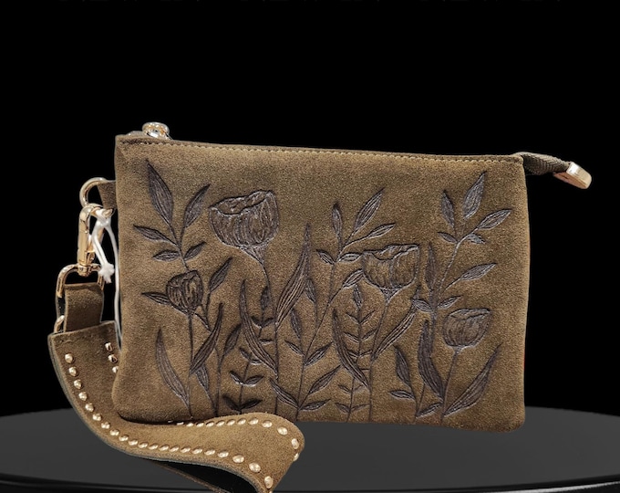 Hand Burned- GENUINE SUEDE LEATHER - Pretty Brown colored - Wristlet - Handbag