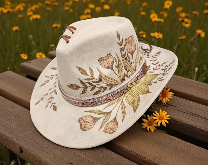 Hand Burned to the brim - Vegan Suede - Panama - Fedora - Rancher Hat - Creamy Beige with flowers