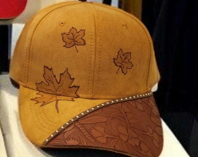 Hand Burned - Khaki colored - Fall Themed  - Baseball Hat