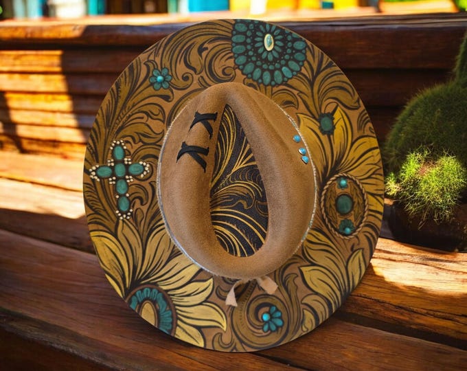 Burned - Vegan Suede - Rancher - Cowboy hat - pretty Brown and teal colored