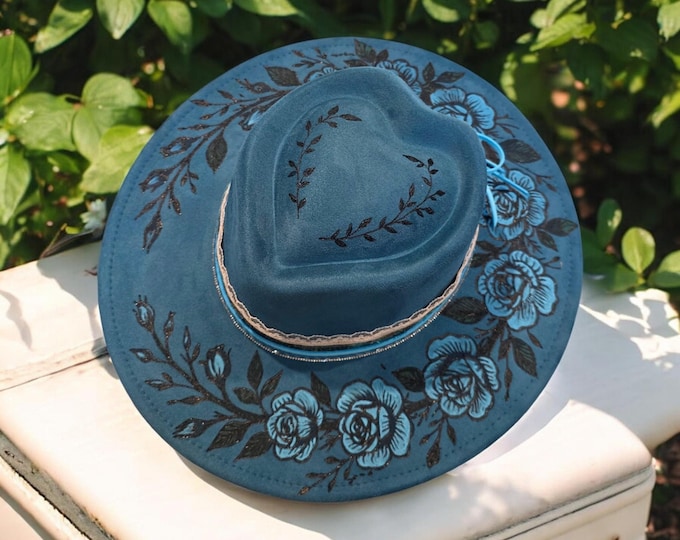 Hand Burned - Vegan Suede - Rancher - Cowboy hat - pretty Teal color