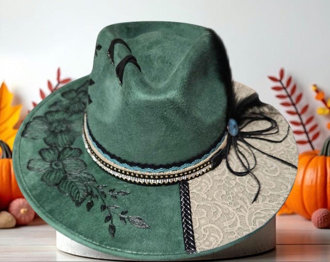 Hand Burned faux suede Pretty Green cowboy-rancher hat