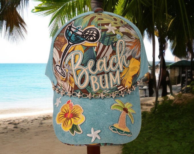 Fun - embellished - handcrafted- Beach - Tropical themed - baseball - trucker cap