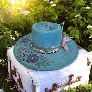 Light Blue Vegan Suede Western Boho hat Teal Vegan Suede Cowboy Hat - Etsy main image 2