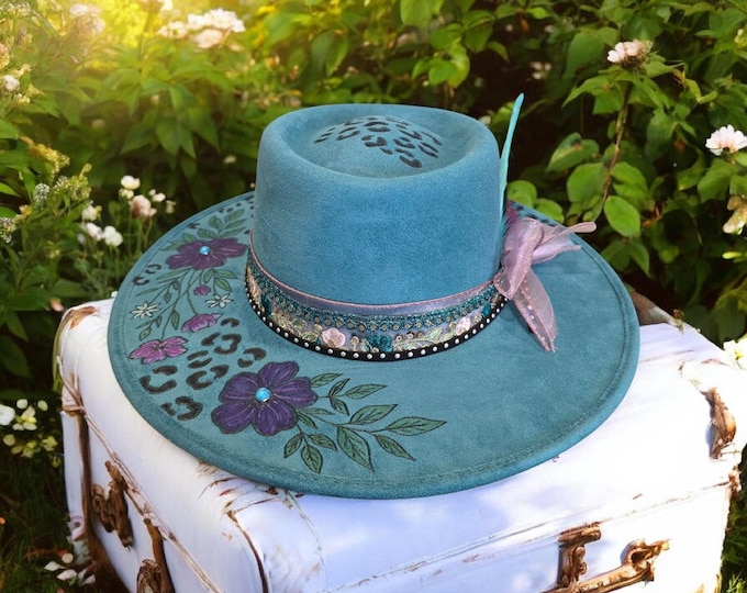 Hand Burned - Vegan Suede - Rancher - Cowboy hat - pretty Teal color