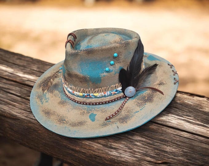 Hand Burned and Painted  Teal and brown colored - wool - Wide Brim Rancher Hat - size large - Adjustable