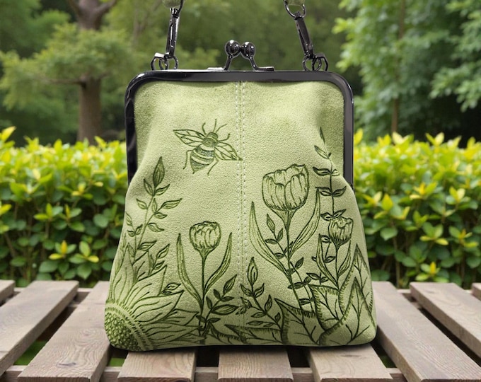 Hand Burned- Faux Suede - Pretty Green colored - Crossbody - Handbag - purse