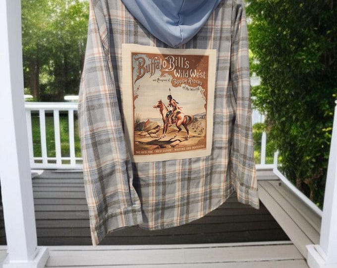 Fun HOODED plaid flannel shirt or shacket - Fun Rodeo - Country western theme - women's size large - NEW Never Worn