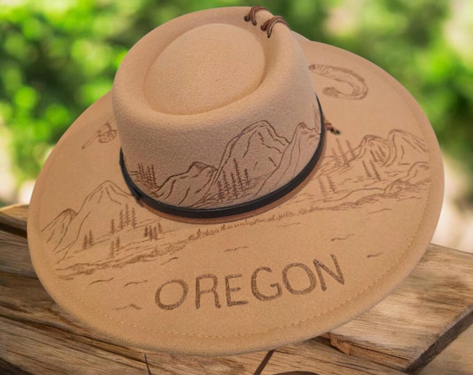 Hand Burned Felt Camel colored Bolero or Boater Hat - Unisex
