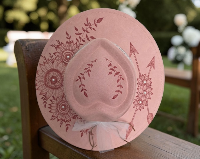 Hand Burned - Vegan Suede - Panama - Fedora - Western Hat in a pretty blush pink   -  with wide brim