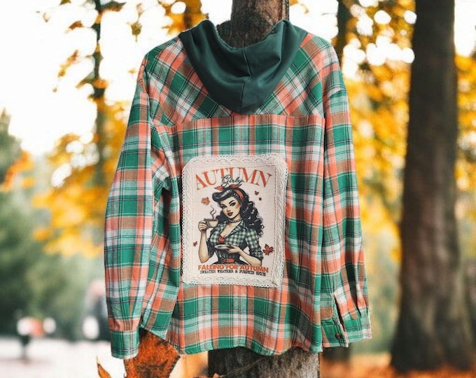 Fun HOODED plaid flannel shirt or shacket - Pretty Fall  theme - women's size X-LARGE - NEW Never Worn