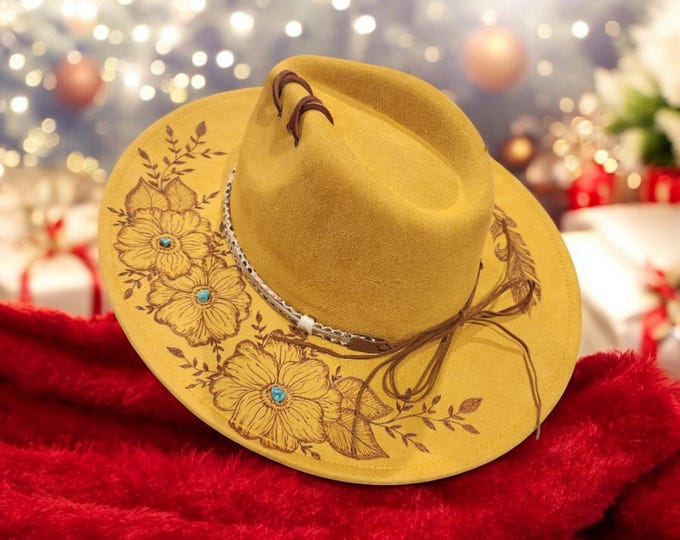 Hand burned to the brim - Pretty Mustard colored Cowboy - Rancher - Fedora Hat One-of-a-kind Hat with Genuine Turquoise Stones