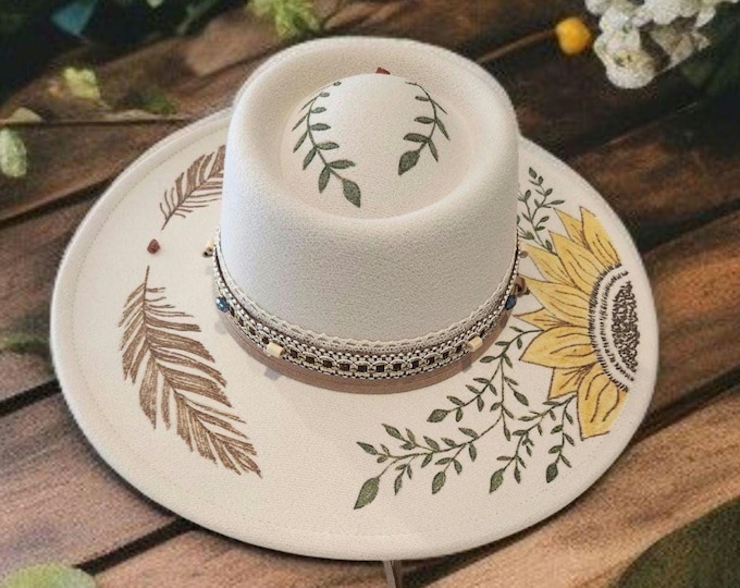 Hand Burned to the brim  Cream colored Felt Wide Brim Rancher Hat - Wedding Hat with Genuine Stones