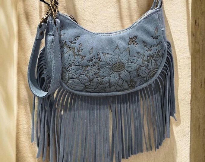 Hand Burned- GENUINE SUEDE LEATHER - Pretty Blue colored - Handbag - Shoulder Bag with fringe