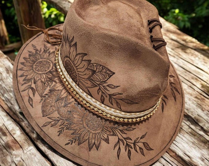Hand Burned to the brim - Medium Brown colored - vegan suede - Cowboy Hat - Rodeo Hat