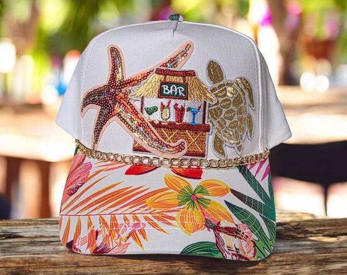 Fun - embellished - handcrafted- Beach - Cruise themed - baseball cap