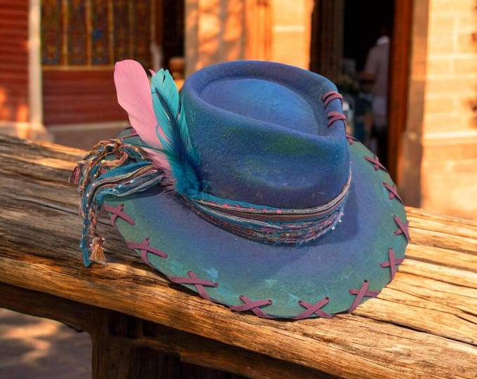 Hand Burned and Painted - multi colored - felt Rancher hat