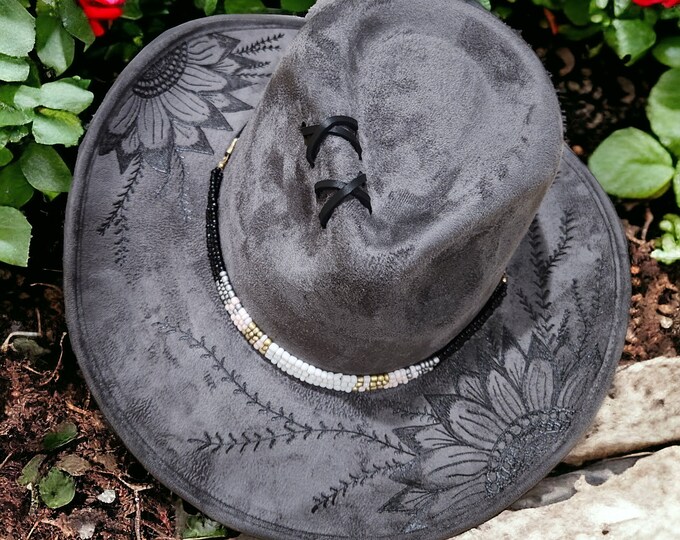 Hand Burned soft Gray colored - vegan suede - Cowboy Hat - Rodeo Hat - Rancher hat
