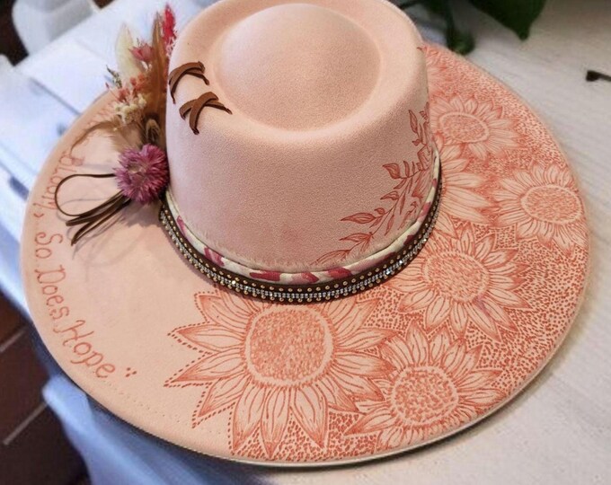 Hand Burned to the brim Pale Pink colored -  Wide Brim - Cowgirl Rancher Hat with Bling