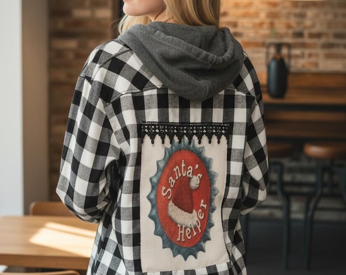 Christmas Hooded Flannel- Santa's Helper - Fun shirt - size Medium