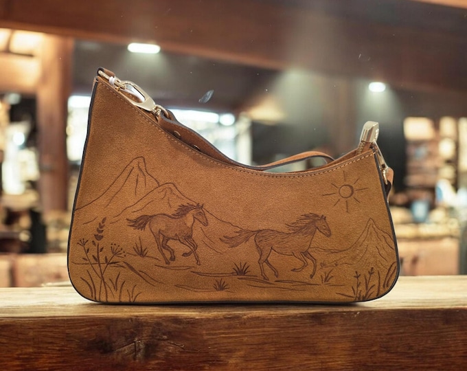 Hand Burned- GENUINE SUEDE LEATHER - Camel  - Brown colored - Handbag - Shoulder Bag - crossbody bag
