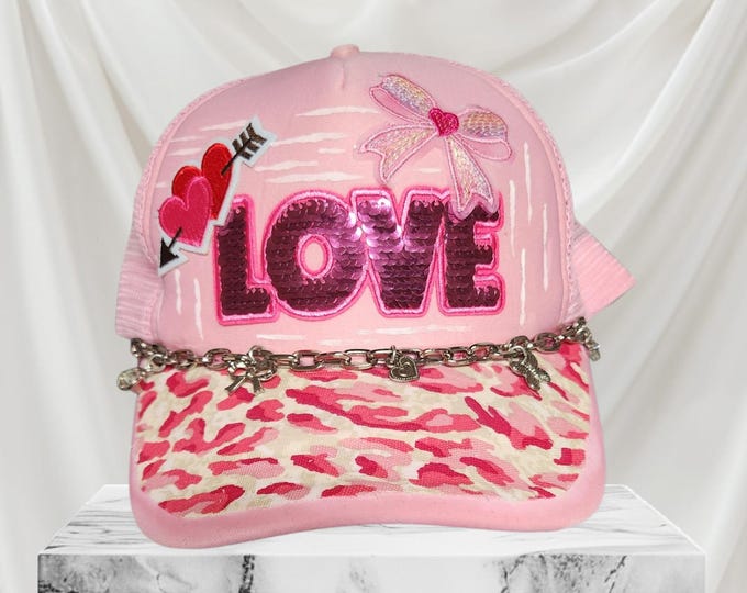 Fun embellished  handcrafted- Love - Valentines Day - baseball cap with bling