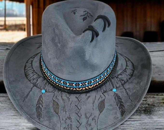 Hand Burned to the brim - Teal Blue colored - vegan suede - Cowboy Hat - Rodeo Hat - Rancher Hat