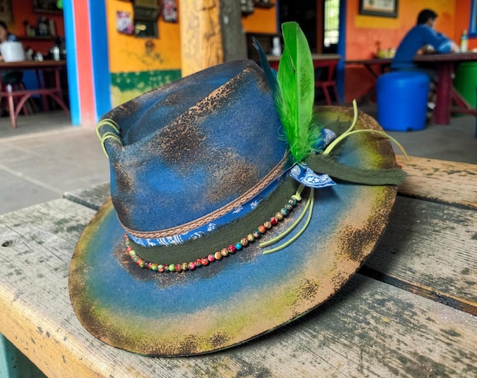 Hand Burned and Painted  Teal and green colored - felt - Wide Brim Rancher Hat
