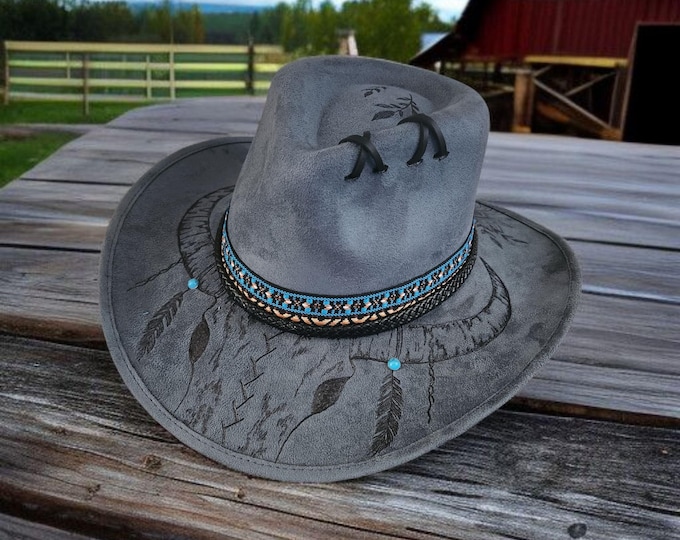 Hand Burned to the brim - Teal Blue colored - vegan suede - Cowboy Hat - Rodeo Hat - Rancher Hat