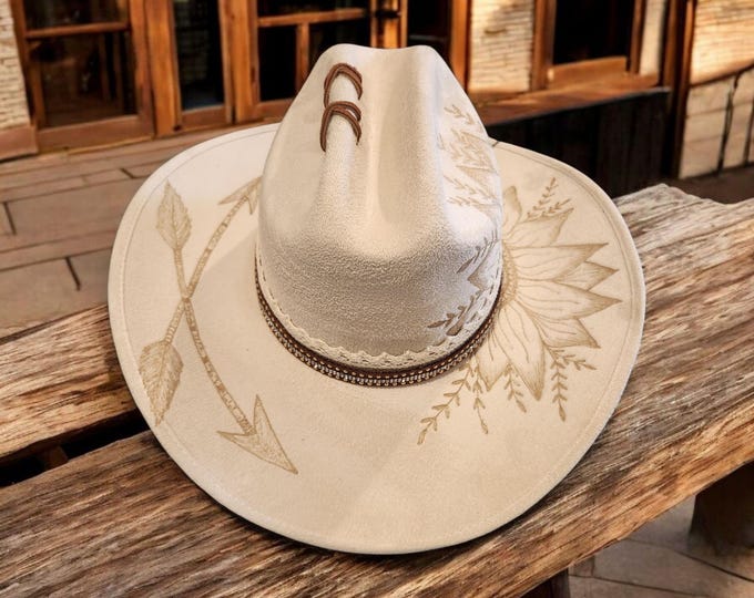 Hand Burned- Beige colored - Faux suede Rancher - Cowboy Hat