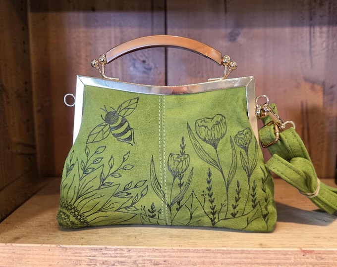 Hand Burned- Pretty Faux suede - Green colored  - Crossbody handbag