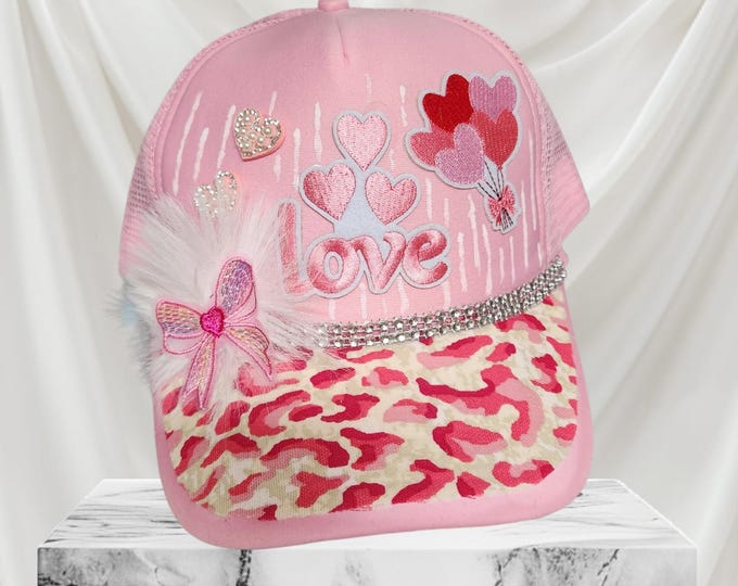 Fun embellished  handcrafted- Love - Valentines Day - baseball cap with bling