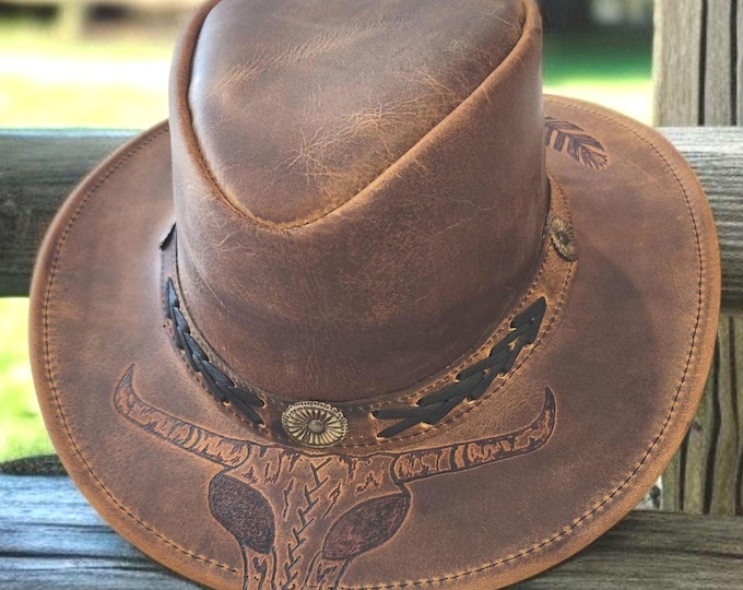 Hand Burned - Genuine Leather- Cowboy Hat -