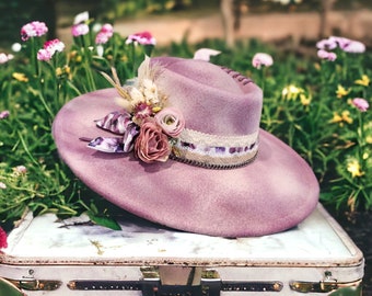 Hand Burned and Painted  Ivory and fuchia colored Felt Wide Brim Rancher Hat