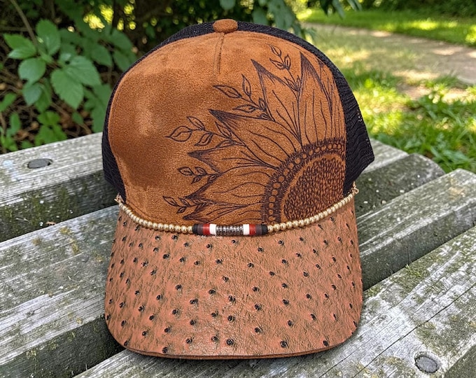 Hand Burned - Camel Brown - faux suede - Sunflower Cowboy - baseball - trucker style hat
