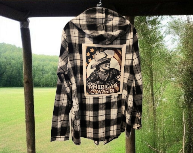 Fun HOODED plaid flannel shirt or shacket - Fun Rodeo  theme - women's size X-Large - NEW Never Worn