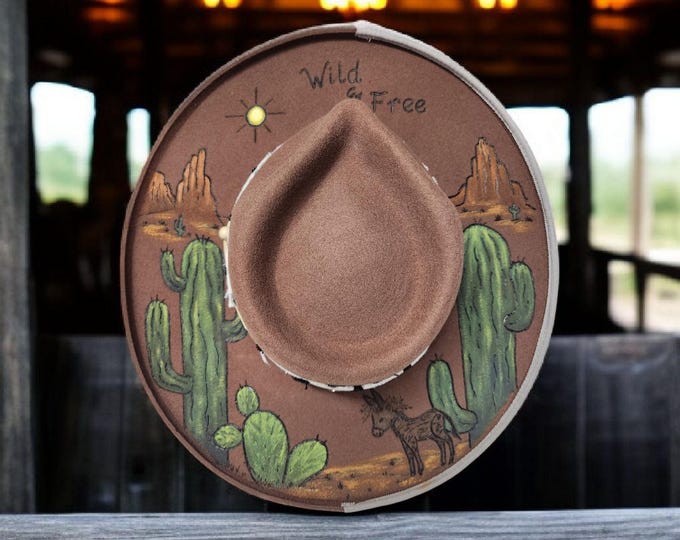 Hand Burned 100% Wool rolled brim Hat by American Hat Makers - Desert scene- size small