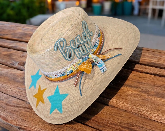 Hand painted Sun Hat -  natural colored -Rancher style - Beach - Firm brim Straw Hat