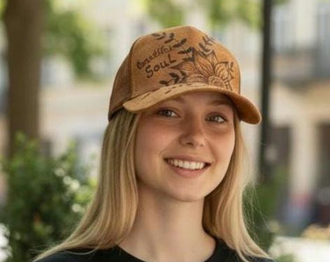 Hand Burned - Camel Brown - faux suede - Sunflower Baseball Hat