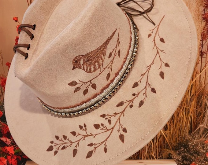 Hand Burned to the brim - pretty Blush colored - vegan suede - Cowboy Hat - Rodeo Hat - Rancher hat