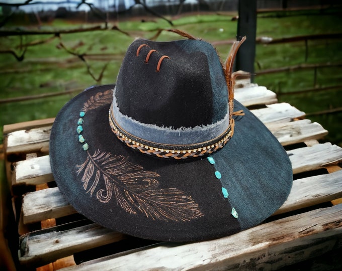 Hand Burned 100% Wool Fedora Hat - Black and Turquoise with feathers and stones