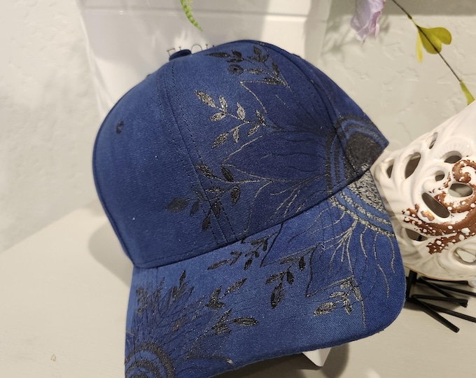 Hand Burned - Pretty Dark Denim Blue colored  Sunflower Baseball Hat