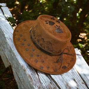Unisex Hand painted Orange Wide-Brim Fedora Hat with Painted Bear Design ? The Benton park – Orangebear main image 2