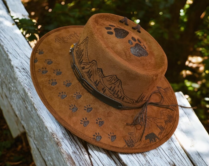 Hand Burned to the brim - Vegan Suede - Panama - Fedora -  Cowboy Hat -pretty brown color  - wide brim