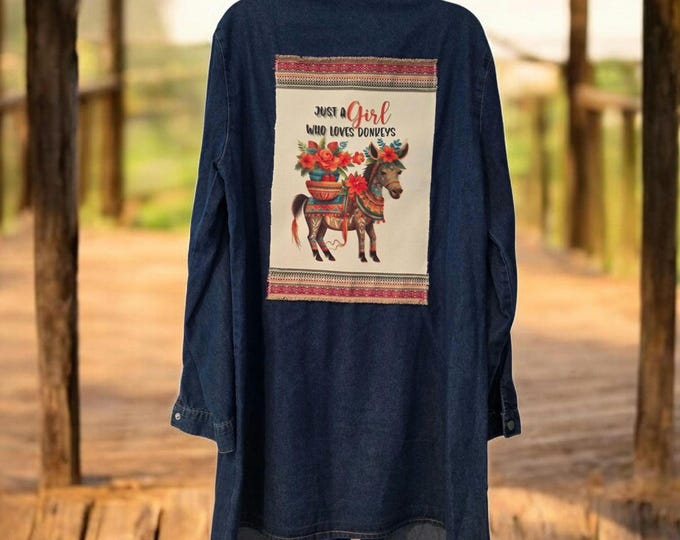 Blue Denim Western themed - Donkey Lover - Jacket - Duster style  - women's large